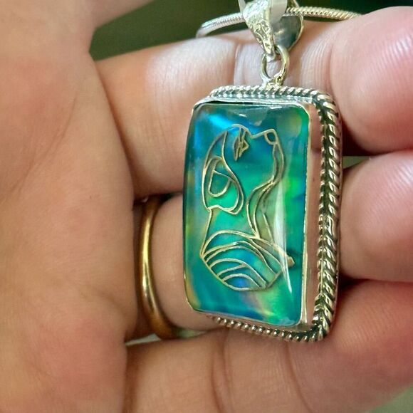 Aurora Opal Dog Carving Pendant Necklace – Sterling Silver Elegance - Picture 5 of 7